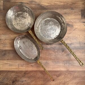 Vintage Hammered Copper Pan Set 3pc Brass Handles Round Oval Tin Lined Skillets